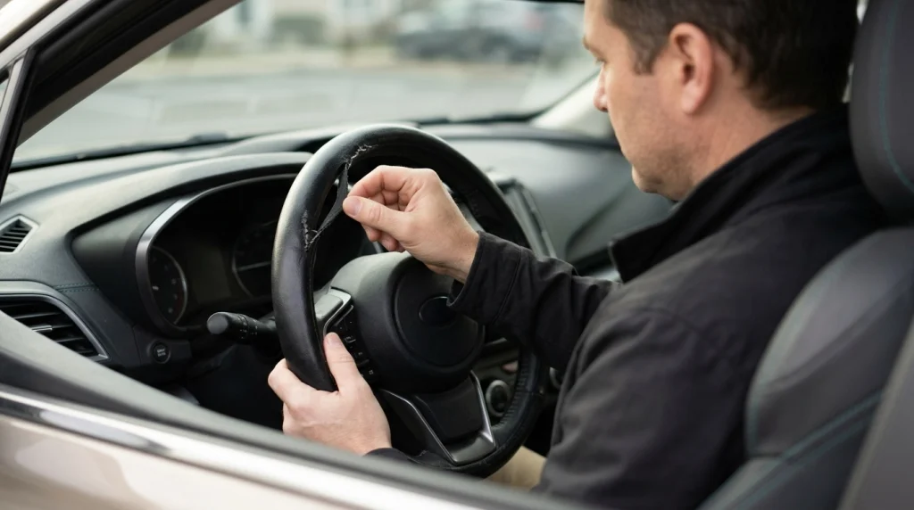 Driver inspecting a loose steering wheel cover inside a parked car.