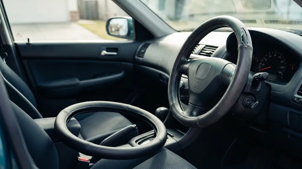 Worn steering wheel cover with peeling material beside a replacement cover inside a parked car.