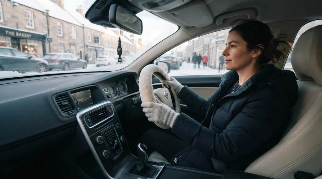 Driver on a dry winter commute holding a sheepskin steering wheel cover