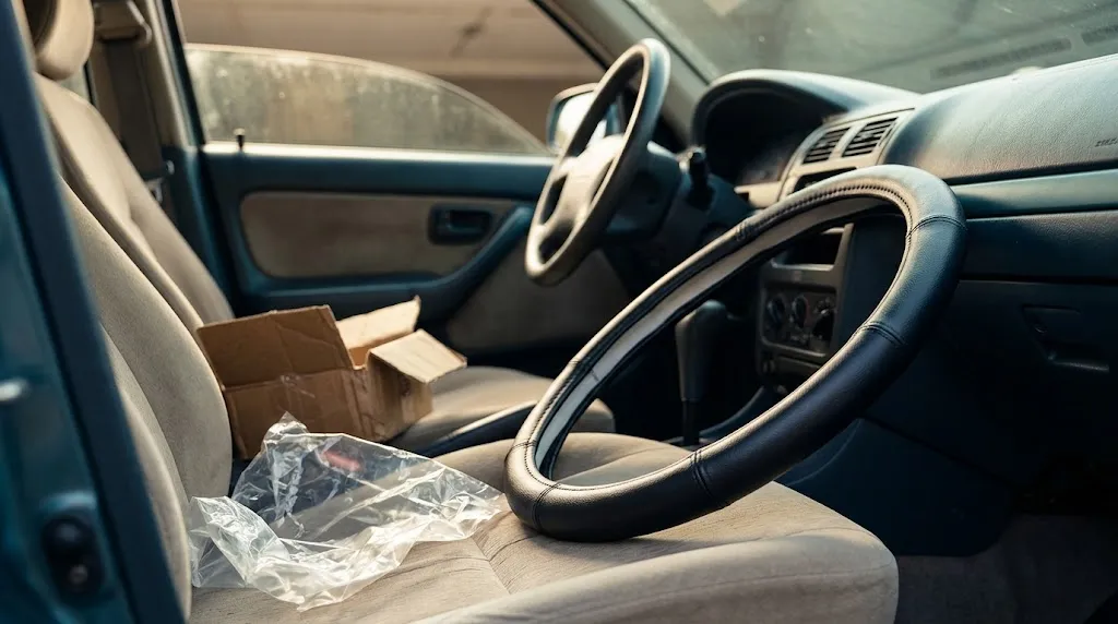 New steering wheel cover and plastic packaging on a car seat beside the original steering wheel.