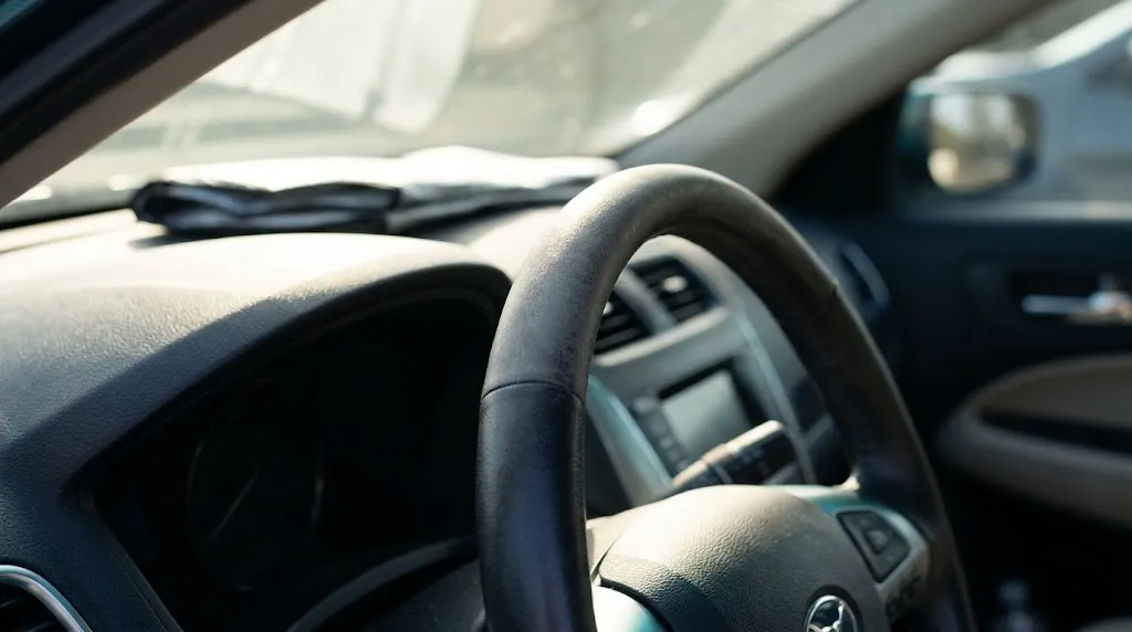 Dark steering wheel cover with uneven sun fading along the upper rim inside a car.