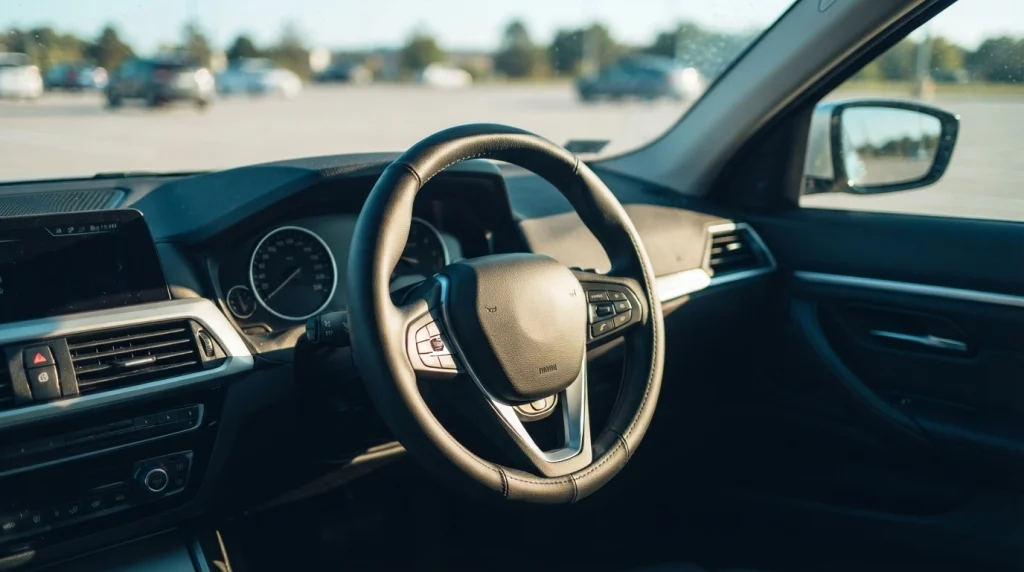 Close-up of a synthetic leather steering wheel cover exposed to direct sunlight inside a parked car.