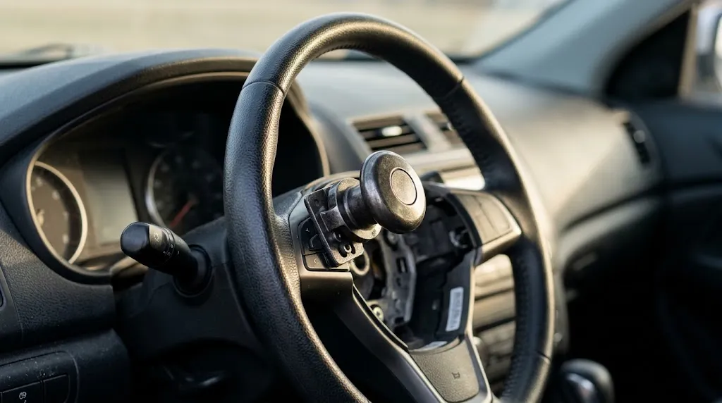 Steering wheel spinner knob mounted near the airbag module for safety analysis.