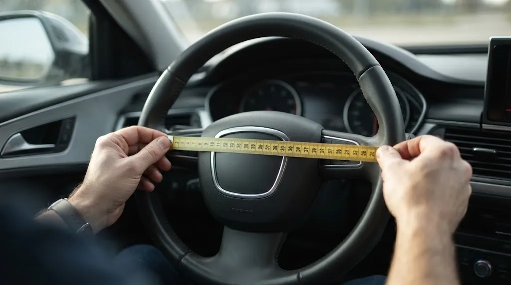 Close-up of hands using a measuring tape across a sedan steering wheel to determine exact size.