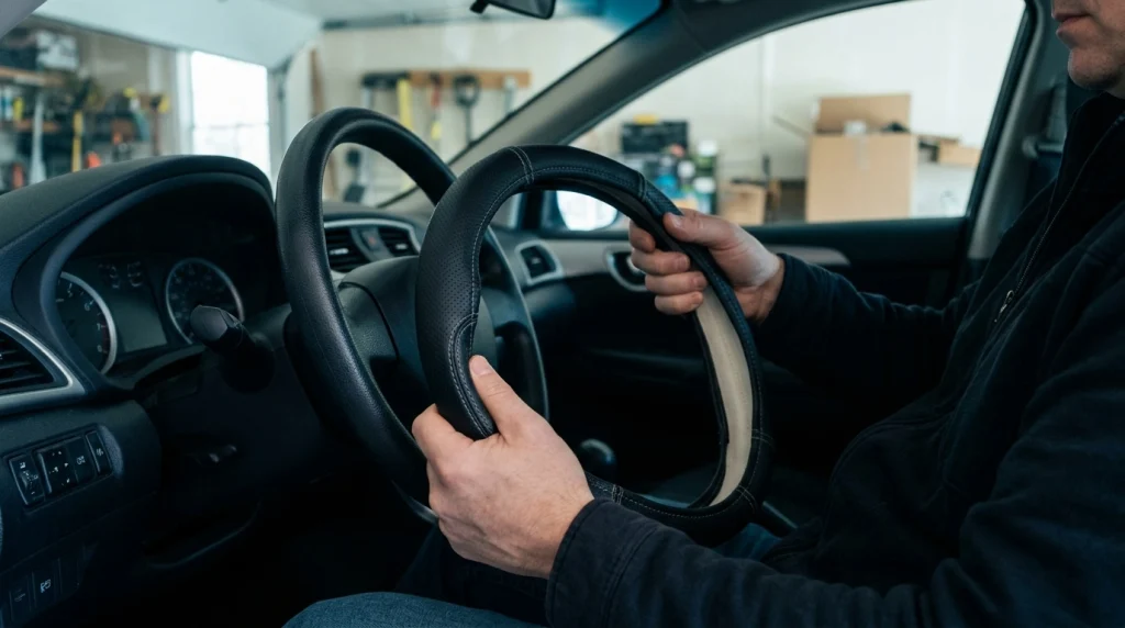Close-up of a driver checking the flexibility of a snug synthetic steering wheel cover.