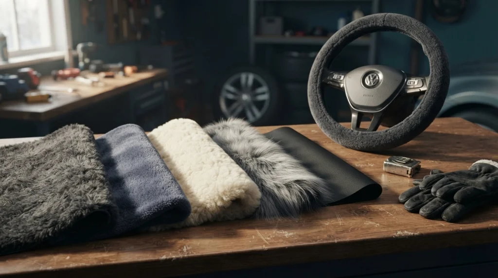 Fleece, microfiber, sheepskin, faux fur, and PU leather steering wheel cover materials compared on a garage workbench.