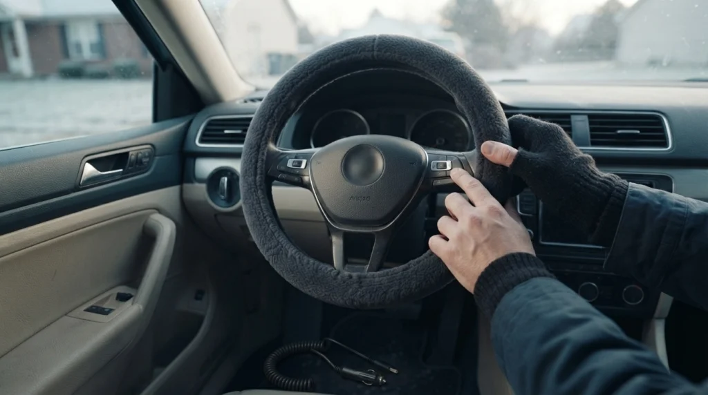 Driver checking a snug winter steering wheel cover while keeping the central airbag and steering controls unobstructed.